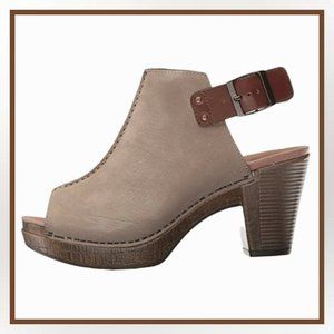 NEW DANSKO Women's 6 Reggie Peep-Toe Taupe Bootie Heeled Leather Sandal